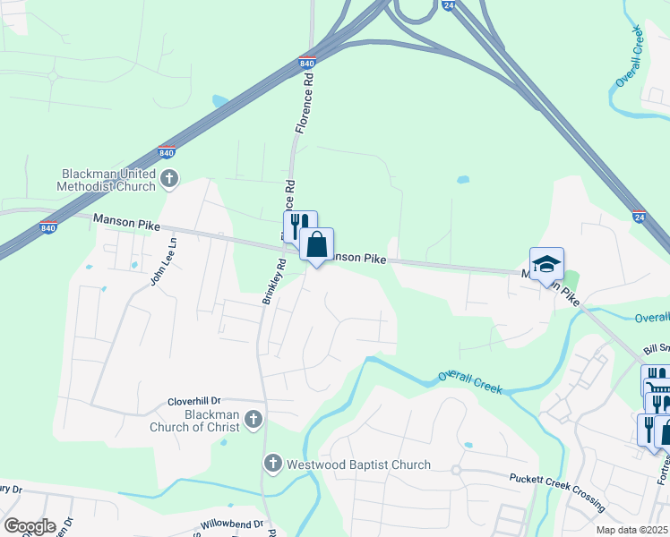 map of restaurants, bars, coffee shops, grocery stores, and more near 4107 Manson Pike in Murfreesboro