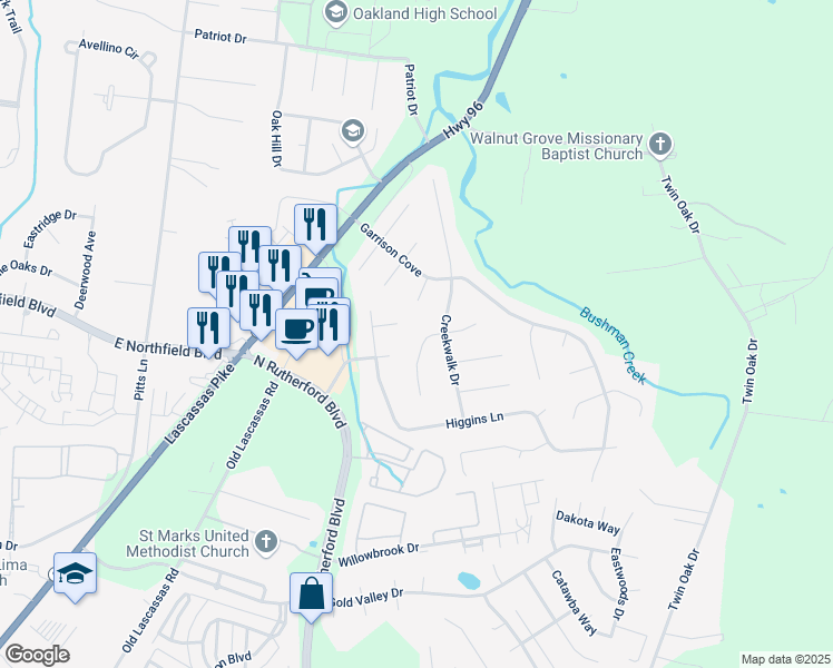 map of restaurants, bars, coffee shops, grocery stores, and more near 2231 Woodridge Trail in Murfreesboro