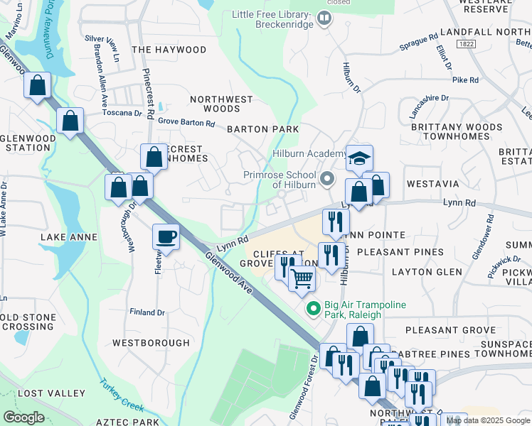 map of restaurants, bars, coffee shops, grocery stores, and more near 3930 Glen Verde Trail in Raleigh