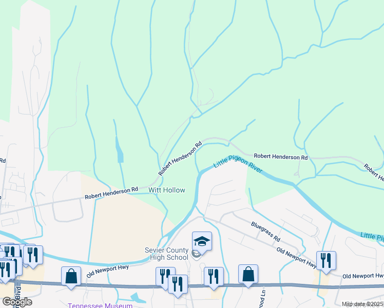 map of restaurants, bars, coffee shops, grocery stores, and more near 544 Robert Henderson Road in Sevierville