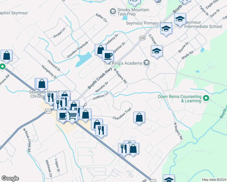 map of restaurants, bars, coffee shops, grocery stores, and more near 405 Iroquois Lane in Seymour