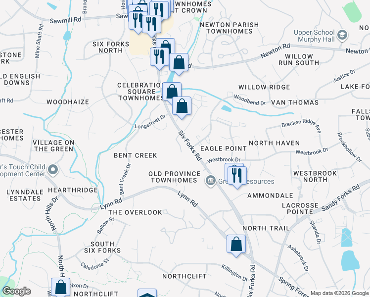 map of restaurants, bars, coffee shops, grocery stores, and more near 6800 Chesterbrook Court in Raleigh
