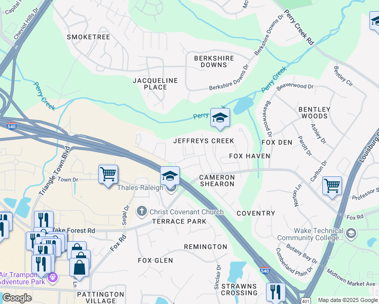 map of restaurants, bars, coffee shops, grocery stores, and more near 6841 Creekwater Drive in Wake County