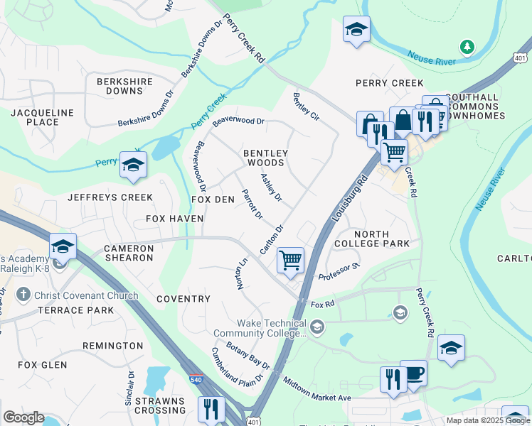 map of restaurants, bars, coffee shops, grocery stores, and more near 7208 Parrott Drive in Raleigh