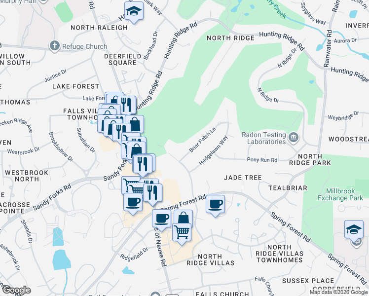map of restaurants, bars, coffee shops, grocery stores, and more near 1209 Briarpatch Lane in Raleigh
