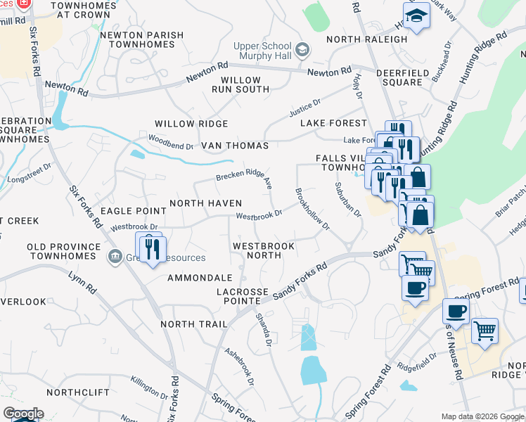 map of restaurants, bars, coffee shops, grocery stores, and more near 516 Westbrook Drive in Raleigh