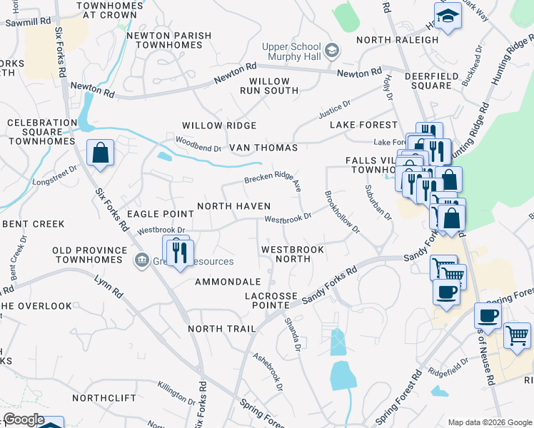 map of restaurants, bars, coffee shops, grocery stores, and more near 507 Westbrook Drive in Raleigh
