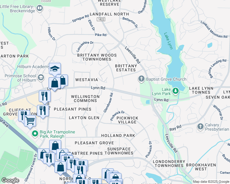 map of restaurants, bars, coffee shops, grocery stores, and more near 6716 Glendower Road in Raleigh