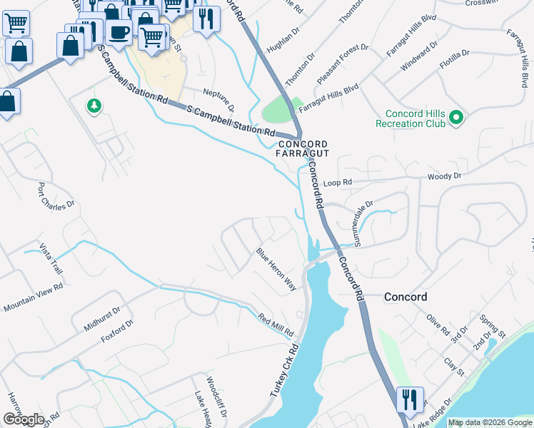 map of restaurants, bars, coffee shops, grocery stores, and more near 11105 Anchorage Circle in Knoxville