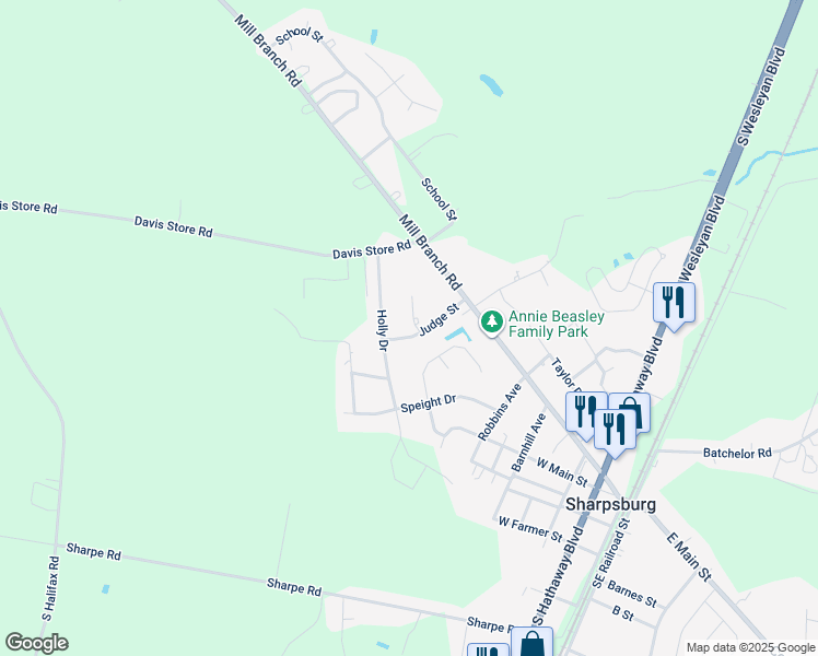 map of restaurants, bars, coffee shops, grocery stores, and more near 700 Judge Street in Rocky Mount