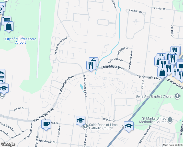 map of restaurants, bars, coffee shops, grocery stores, and more near 1220 East Northfield Boulevard in Murfreesboro