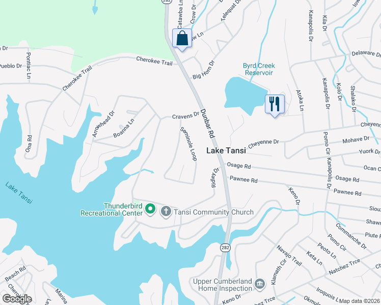 map of restaurants, bars, coffee shops, grocery stores, and more near 3125 Seminole Loop in Crossville