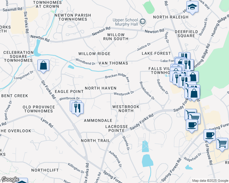 map of restaurants, bars, coffee shops, grocery stores, and more near 507 Westbrook Drive in Raleigh