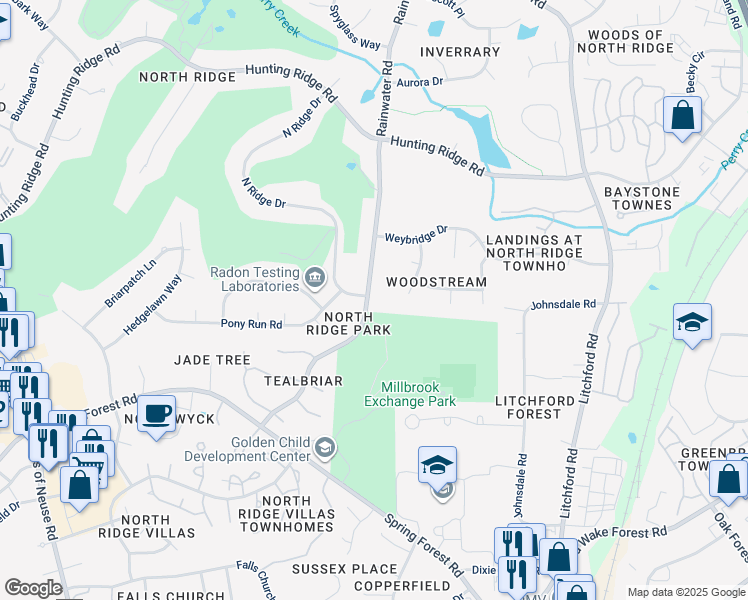 map of restaurants, bars, coffee shops, grocery stores, and more near 6820 Rainwater Road in Raleigh