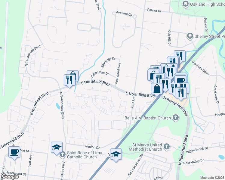 map of restaurants, bars, coffee shops, grocery stores, and more near 1535 Rochester Drive in Murfreesboro