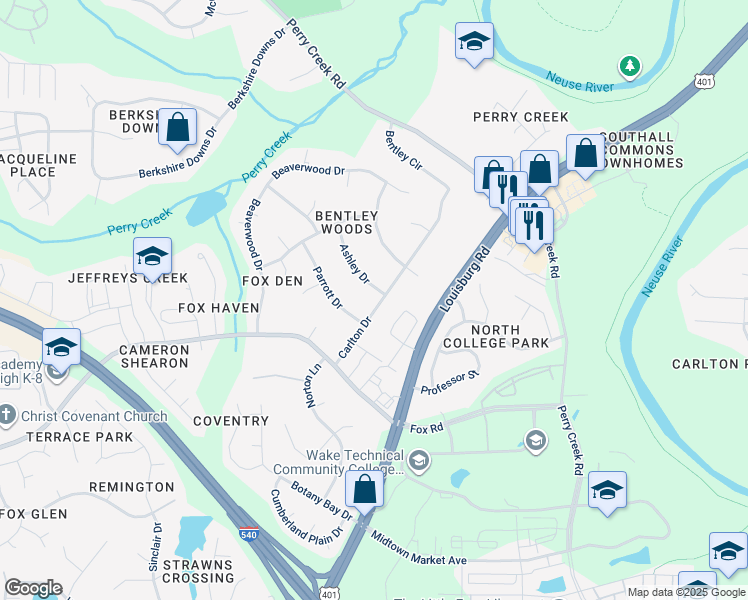 map of restaurants, bars, coffee shops, grocery stores, and more near 7201 Ashley Drive in Raleigh