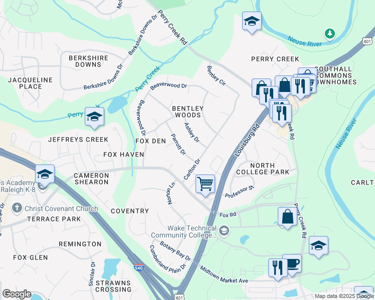 map of restaurants, bars, coffee shops, grocery stores, and more near 7208 Parrott Drive in Raleigh
