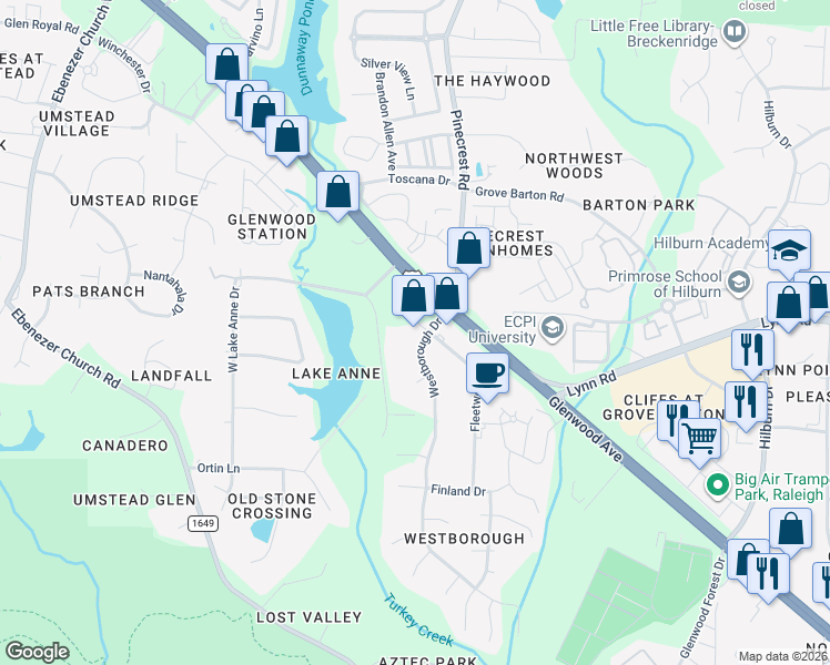 map of restaurants, bars, coffee shops, grocery stores, and more near 6709 Westborough Drive in Raleigh