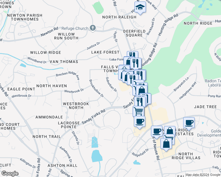 map of restaurants, bars, coffee shops, grocery stores, and more near 709 Sandy Ridge Court in Raleigh