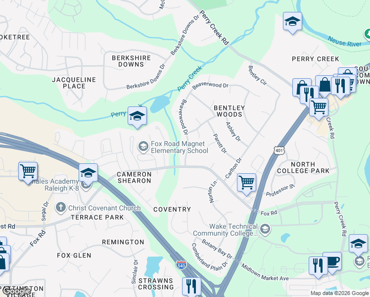 map of restaurants, bars, coffee shops, grocery stores, and more near 6927 Beaverwood Drive in Raleigh