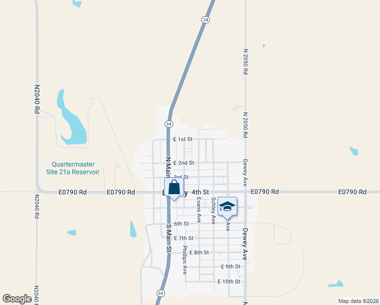 map of restaurants, bars, coffee shops, grocery stores, and more near 132 Evans Avenue in Leedey