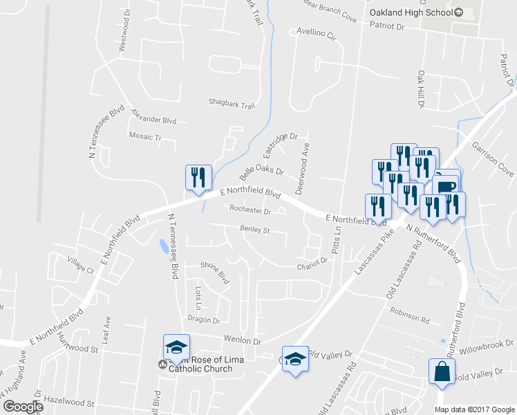 map of restaurants, bars, coffee shops, grocery stores, and more near 1923 Edinburgh Lane in Murfreesboro
