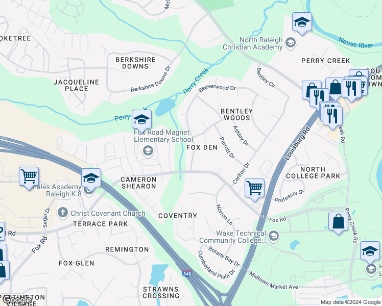map of restaurants, bars, coffee shops, grocery stores, and more near 6927 Beaverwood Drive in Raleigh