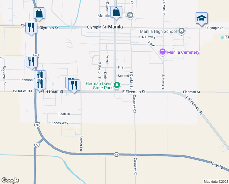 map of restaurants, bars, coffee shops, grocery stores, and more near AR-18 & Baltimore Ave in Manila