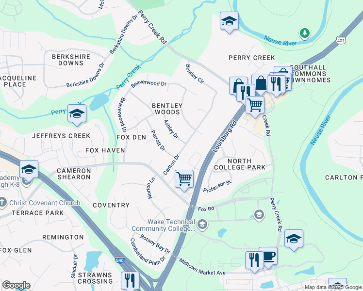 map of restaurants, bars, coffee shops, grocery stores, and more near 7201 Ashley Drive in Raleigh