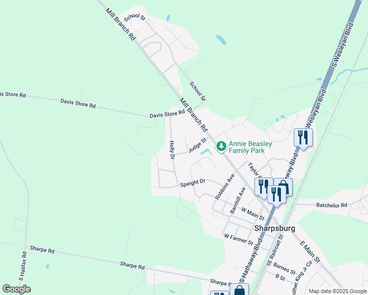 map of restaurants, bars, coffee shops, grocery stores, and more near 700 Judge Street in Rocky Mount