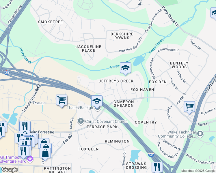 map of restaurants, bars, coffee shops, grocery stores, and more near 6841 Creekwater Drive in Wake County