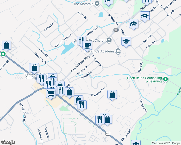 map of restaurants, bars, coffee shops, grocery stores, and more near 405 Iroquois Lane in Seymour