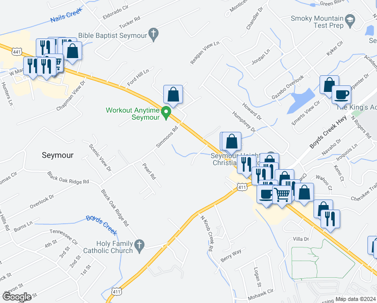 map of restaurants, bars, coffee shops, grocery stores, and more near 11103 Chapman Highway in Seymour