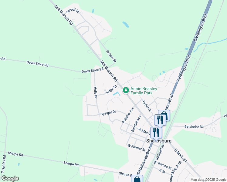 map of restaurants, bars, coffee shops, grocery stores, and more near 605 Judge Street in Rocky Mount