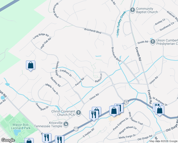 map of restaurants, bars, coffee shops, grocery stores, and more near 12805 Pecos Road in Knoxville