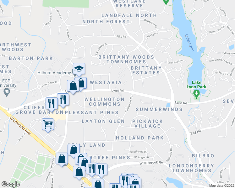 map of restaurants, bars, coffee shops, grocery stores, and more near 6725 Queen Annes Drive in Raleigh