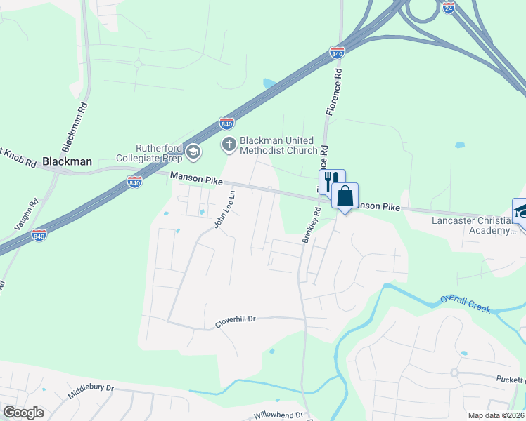 map of restaurants, bars, coffee shops, grocery stores, and more near 1752 Frodo Way in Murfreesboro