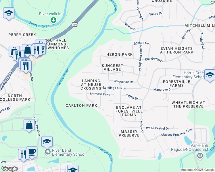 map of restaurants, bars, coffee shops, grocery stores, and more near 3129 Landing Falls Lane in Raleigh