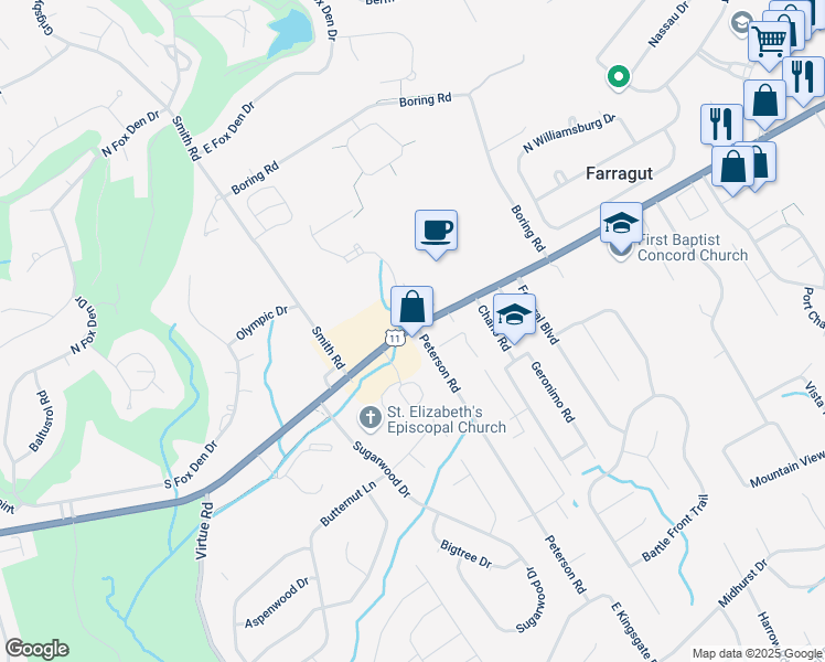 map of restaurants, bars, coffee shops, grocery stores, and more near 113 Peterson Road in Knoxville