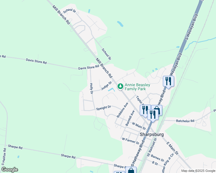 map of restaurants, bars, coffee shops, grocery stores, and more near 605 Judge Street in Rocky Mount