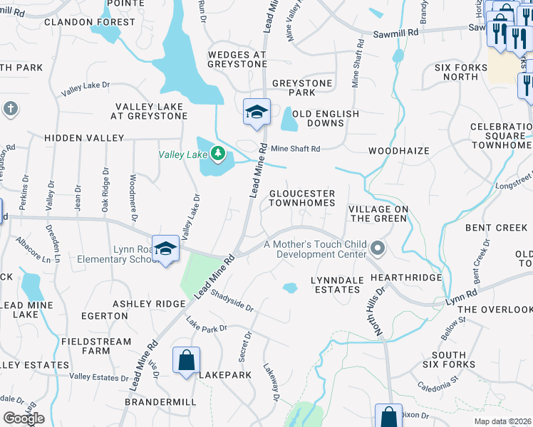 map of restaurants, bars, coffee shops, grocery stores, and more near 6714 Middleboro Drive in Raleigh