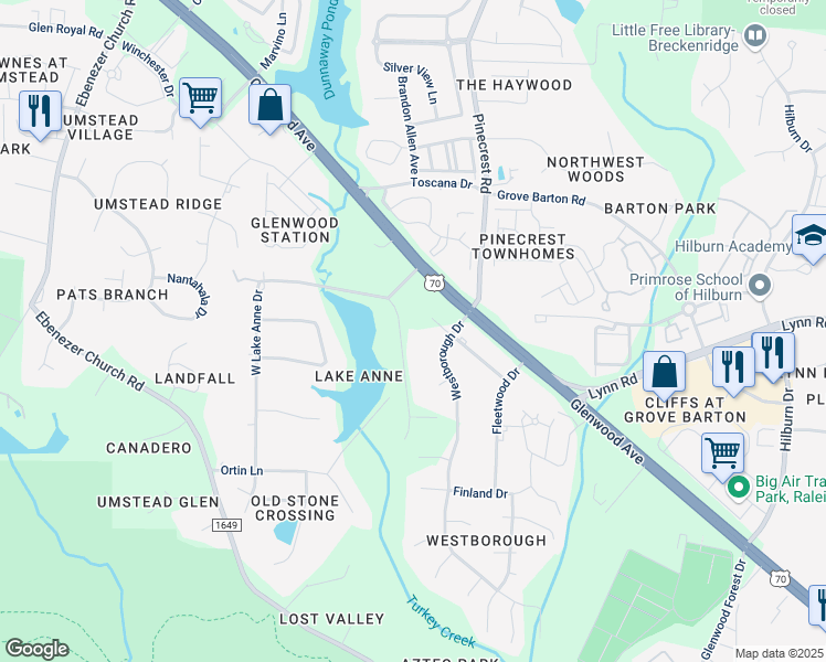 map of restaurants, bars, coffee shops, grocery stores, and more near 6417 East Lake Anne Drive in Raleigh