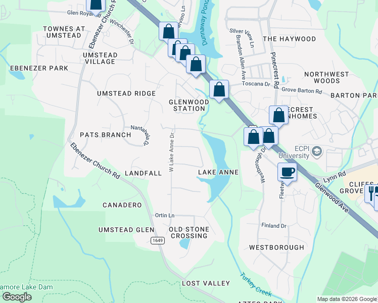 map of restaurants, bars, coffee shops, grocery stores, and more near 8272 Hillside Drive in Raleigh