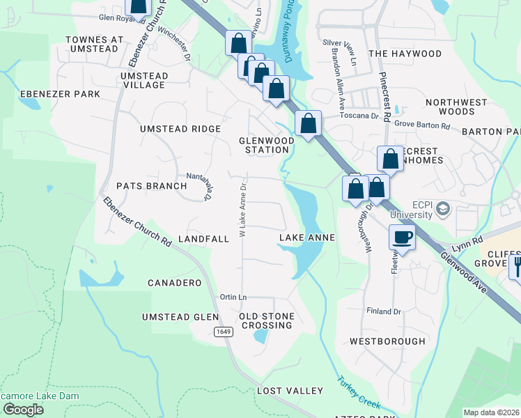 map of restaurants, bars, coffee shops, grocery stores, and more near 8272 Hillside Drive in Raleigh