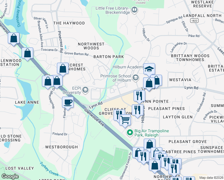map of restaurants, bars, coffee shops, grocery stores, and more near 3930 Glen Verde Trail in Raleigh