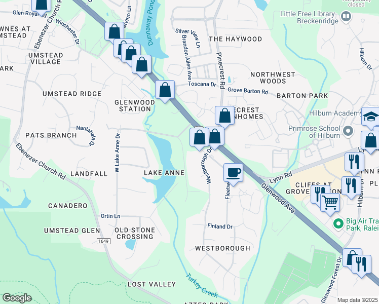 map of restaurants, bars, coffee shops, grocery stores, and more near 6417 East Lake Anne Drive in Raleigh