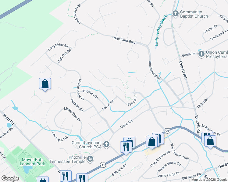 map of restaurants, bars, coffee shops, grocery stores, and more near 12805 Pecos Road in Knoxville