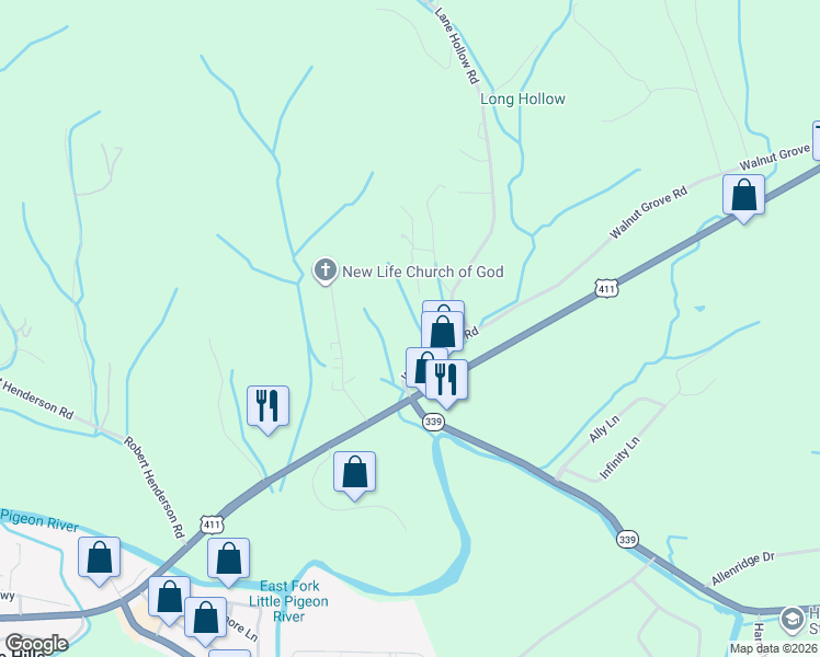 map of restaurants, bars, coffee shops, grocery stores, and more near 1713 Walnut Grove Road in Sevierville