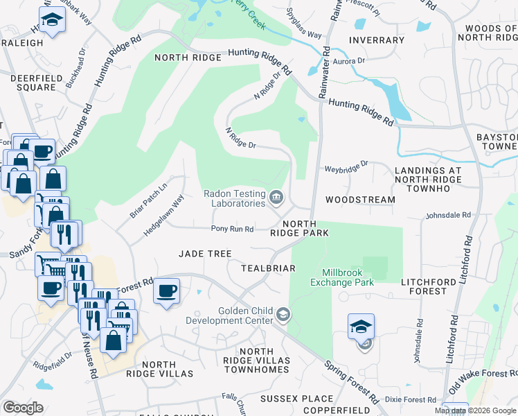 map of restaurants, bars, coffee shops, grocery stores, and more near 6805 Fairburn Court in Raleigh