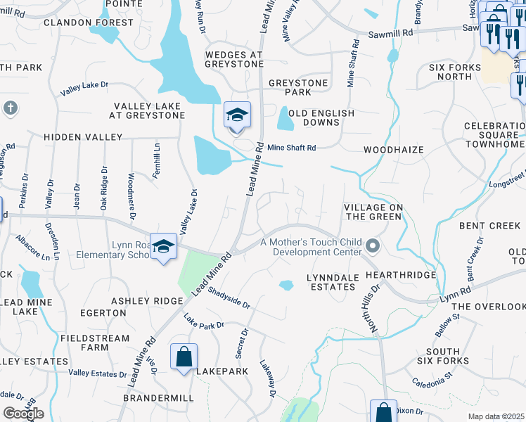 map of restaurants, bars, coffee shops, grocery stores, and more near 6714 Middleboro Drive in Raleigh